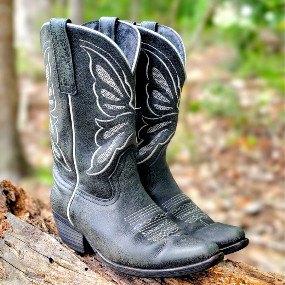 Sterling River Butterfly Embroidered Black Grey Western Cowgirl Rodeo Boots Sz 7